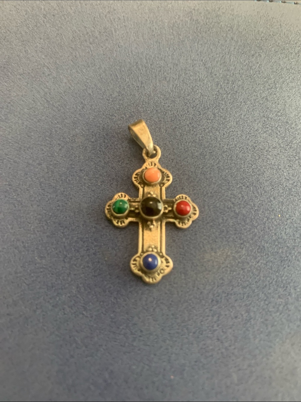 Gorgeous Vintage 925 Multicolor Gemstones Cross Pendant